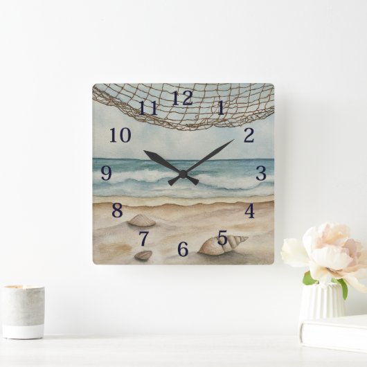 Strand mit Aquarellfarben Quadratische Wanduhr (Zuhause)
