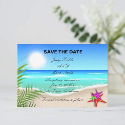 Strand mit bunter Starfish Save the Date Karte (Stehend Vorderseite)
