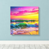 Strand mit Gelb und Rosa Ozeanwellen Lebhaft Leinwanddruck (Insitu (Holzboden))