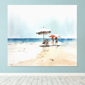 Strand mit Menschen und Regenschirmen am Wasser Leinwanddruck (Insitu (Holzboden))