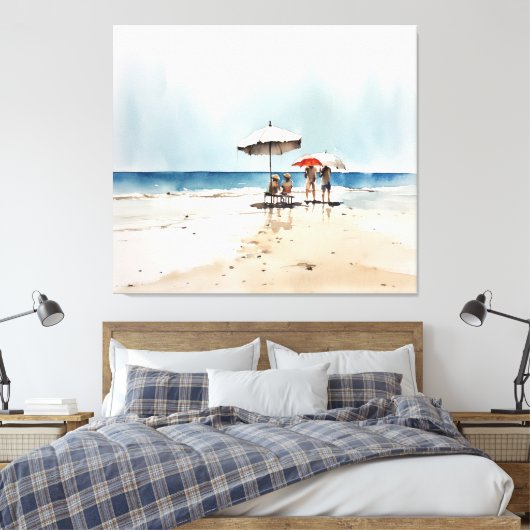 Strand mit Menschen und Regenschirmen am Wasser Leinwanddruck (Insitu (Schlafzimmer))