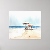 Strand mit Menschen und Regenschirmen am Wasser Leinwanddruck (Vorderseite)