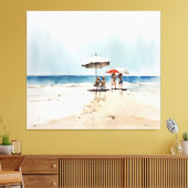 Strand mit Menschen und Regenschirmen am Wasser Leinwanddruck (Insitu (Wohnzimmer))