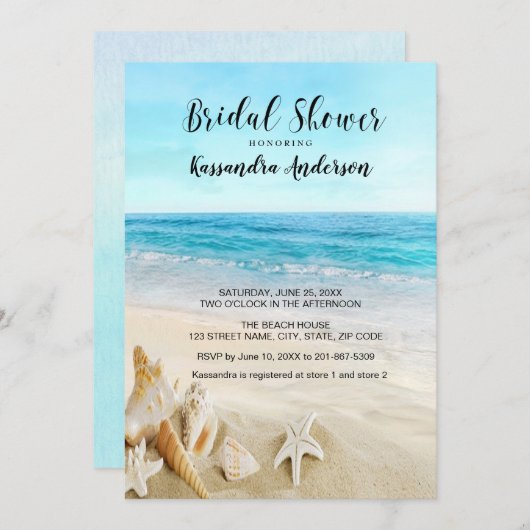 Strand mit Muscheln im Sand-Brautparty Einladung (Vorne/Hinten)