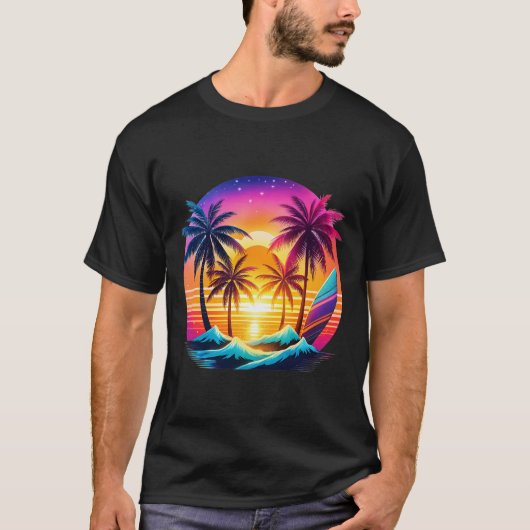 Strand mit Palmen und Surfbrettern, Pop Art Styl T-Shirt (Vorderseite)
