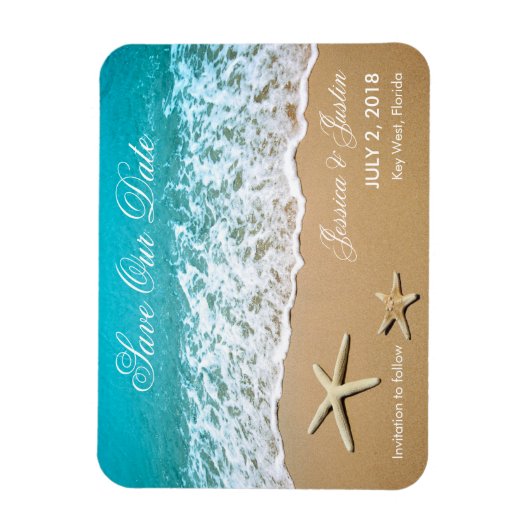 Strand mit Starfish Speichern Sie das Date Magnet (Vertikal)