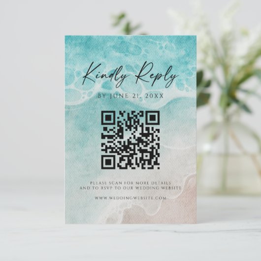 STRAND Moderne QR-Code-Website-RSVP-Karte Save The Date (Stehend Vorderseite)