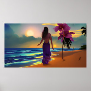 Strand Mondlicht Spaziergang Frau Ozean lila Palme Poster