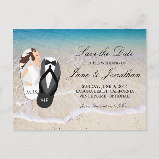 Strand "Mr. and Mrs." Hochzeit Save the Date Ankündigungspostkarte (Vorderseite)