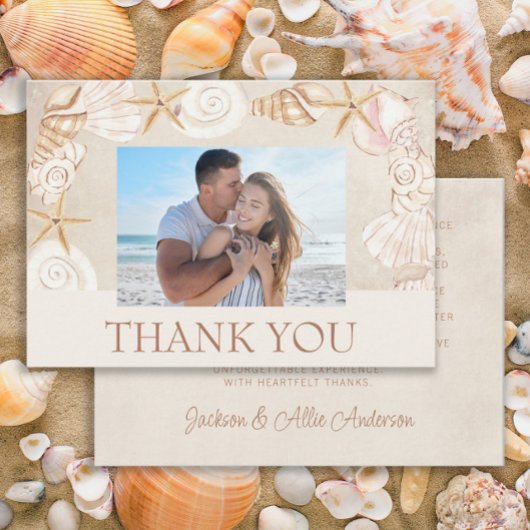 Strand Muscheln Sand Meereshochzeit Foto Dankeskarte