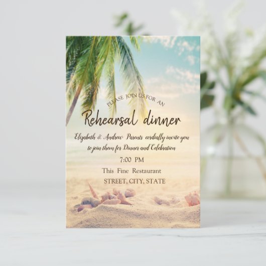 Strand, Palm, Seastar, Seashell Probe Dinner Einladung (Stehend Vorderseite)