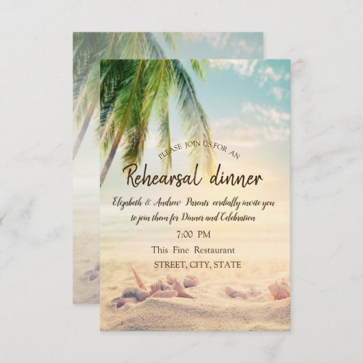 Strand, Palm, Seastar, Seashell Probe Dinner Einladung (Vorne/Hinten)