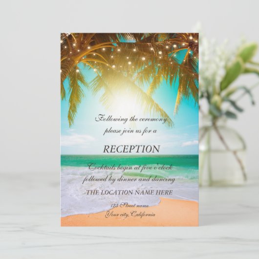 Strand,Palm,Sonne,String Lights Script Empfang Einladung (Stehend Vorderseite)