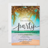 Strand,Palm,Sonne,String Lights Script-Verlobung Einladung (Vorderseite)