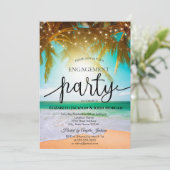 Strand,Palm,Sonne,String Lights Script-Verlobung Einladung (Stehend Vorderseite)