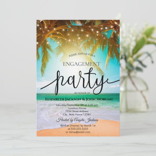 Strand,Palm,Sonne,String Lights Script-Verlobung Einladung (Stehend Vorderseite)