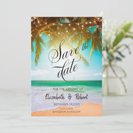Strand, Palm, Sun, String Lights Script Save the D Save The Date (Stehend Vorderseite)