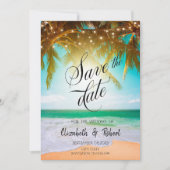 Strand, Palme, Sonne, Lichterkette Skript Save The Date (Vorderseite)