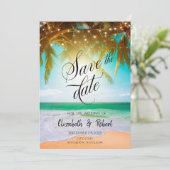 Strand, Palme, Sonne, Lichterkette Skript Save The Date (Stehend Vorderseite)
