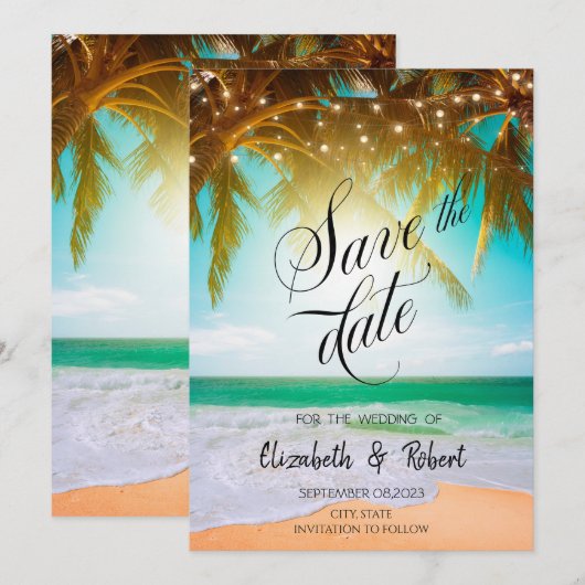 Strand, Palme, Sonne, Lichterkette Skript Save The Date (Vorne/Hinten)