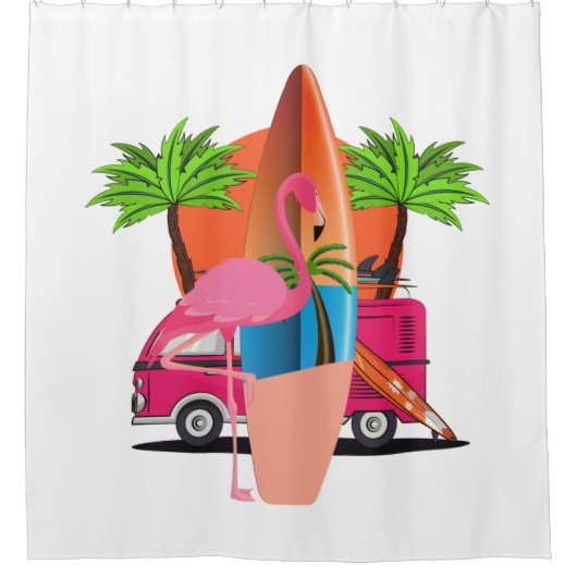 Strand Retro Surf Thema mit Flamingo Duschvorhang (Vorderseite)