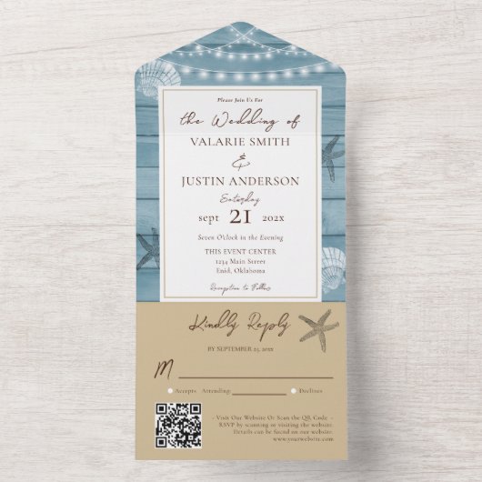 Strand Rustikal Holz Beige Hochzeit alles in einem All In One Einladung (Innen Boden)