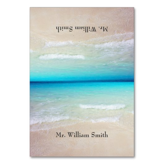 Strand Sand geteerte Platzkarten mit Namen Tischnummer (Vorderseite)