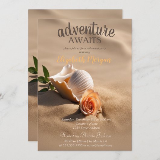 Strand, Sand, Seashells Blume Ruhestand Party Einladung (Vorne/Hinten)
