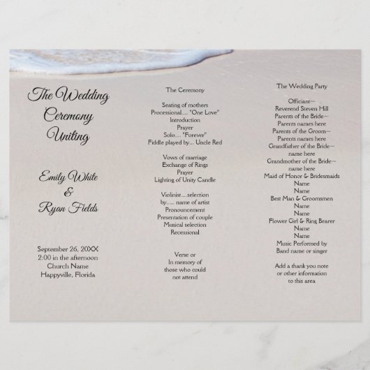 Strand-Sand-Tri-Fold-Hochzeitsprogramm-Vorlage (Vorderseite)