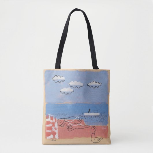 Strand, Sand und blauer Himmel Moderner KunstSomme Tasche (Vorderseite)