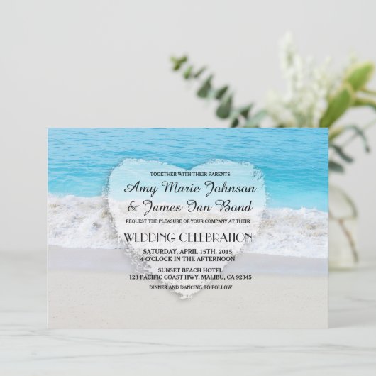 Strand Sandstrand Hochzeitsfeiern am Ozean1 Einladung (Stehend Vorderseite)