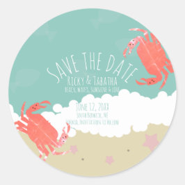 Strand Save the Date Crab Sand Ocean Waves Runder Aufkleber