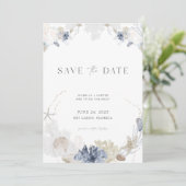 Strand Save the Date mit Foto in Blue + Creme Einladung (Stehend Vorderseite)