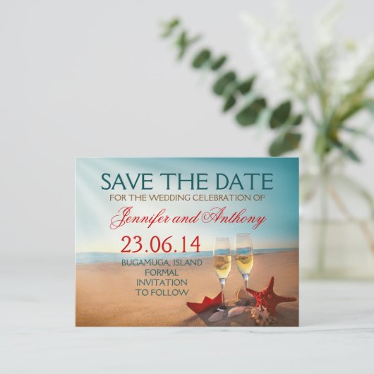 Strand Save the Date romantisch Ankündigungspostkarte (Stehend Vorderseite)