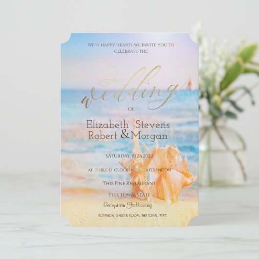 Strand, Seastar, Seashell Einladung (Stehend Vorderseite)