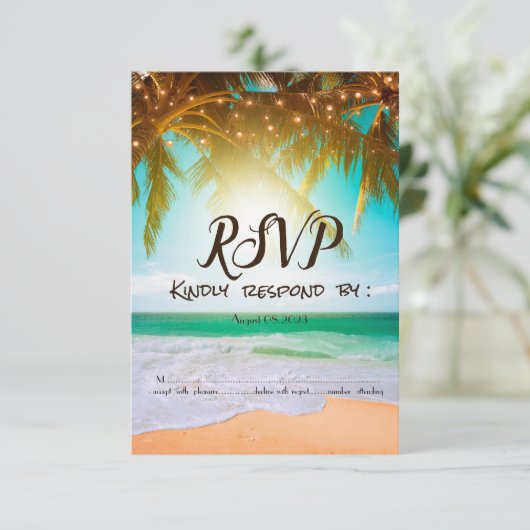 Strand, Sonne, Palm, String Lights UAWG Einladung (Stehend Vorderseite)