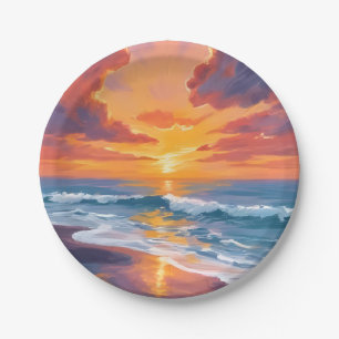 Strand Sonnenuntergang Aquarell Ozean Gemälde Pappteller