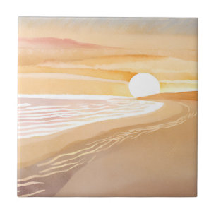 Strand Sonnenuntergang Aquarell Schönes Gelb Fliese