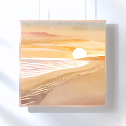 Strand Sonnenuntergang Aquarell | Schönes Gelb Poster