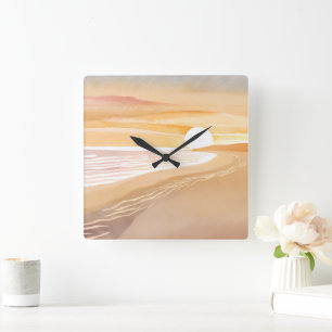 Strand Sonnenuntergang Aquarell   Schönes Gelb  Quadratische Wanduhr