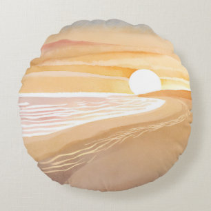 Strand Sonnenuntergang Aquarell   Schönes Gelb Rundes Kissen