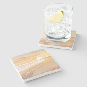 Strand Sonnenuntergang Aquarell   Schönes Gelb  Steinuntersetzer