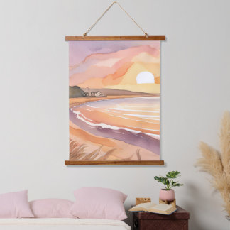 Strand Sonnenuntergang Aquarell | Schönes Ozean Ge Wandteppich Mit Holzrahmen