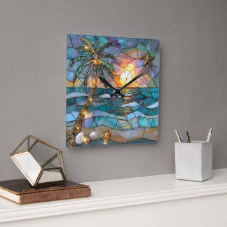 Strand-Sonnenuntergang-Buntglas-Wanduhr Quadratische Wanduhr