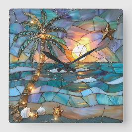 Strand-Sonnenuntergang-Buntglas-Wanduhr Quadratische Wanduhr