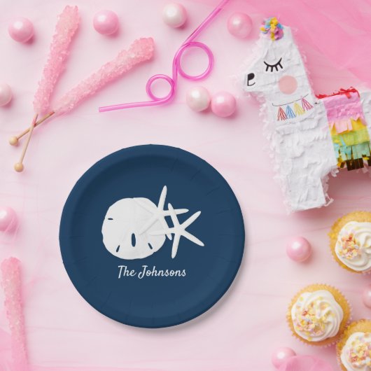 Strand Starfish Sand Dollar Blau Personalisiert Pappteller (Party)