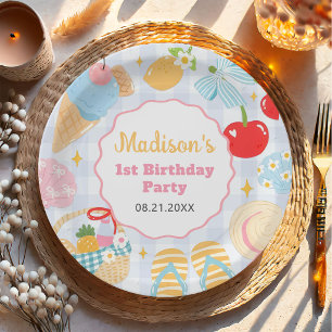 Strand-Strand-Pastell-Doodle-Mädchen-Geburtstag Pappteller