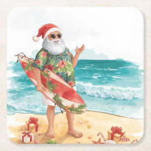 Strand-Surf-Weihnachtsfeier mit dem Weihnachtsmann Rechteckiger Pappuntersetzer