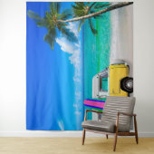 Strand-Szene mit Gelben Van und rosa Surfboard Wandteppich (Beispiel)