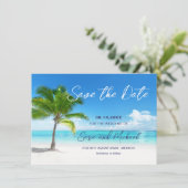 Strand-Szene mit Palm Tree Hochzeit Speichern Sie Save The Date (Stehend Vorderseite)